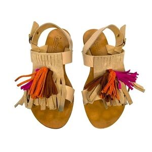 L'INTERVALLE Leather & Suede Nude Flat Sandal Colourful Tassel Front 7.5 (38 EU)